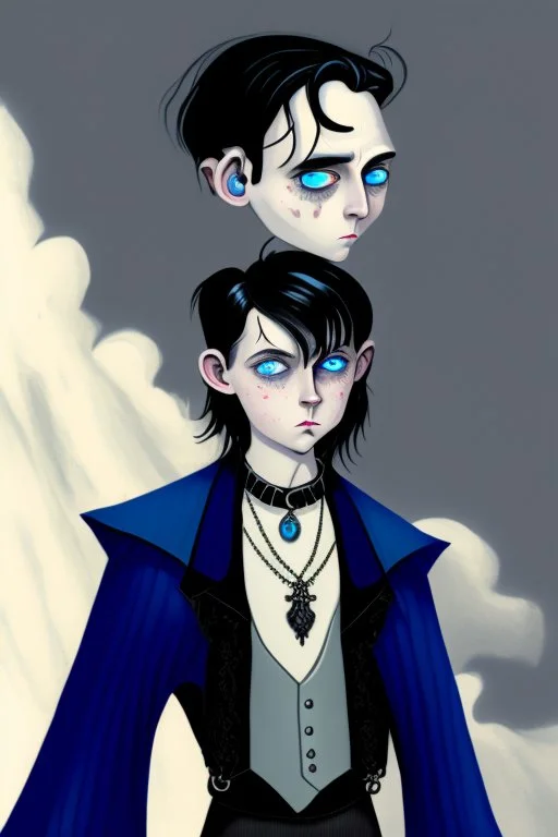 black haired blue eyed young man wizard with gothic jewelry in the style of charles addams