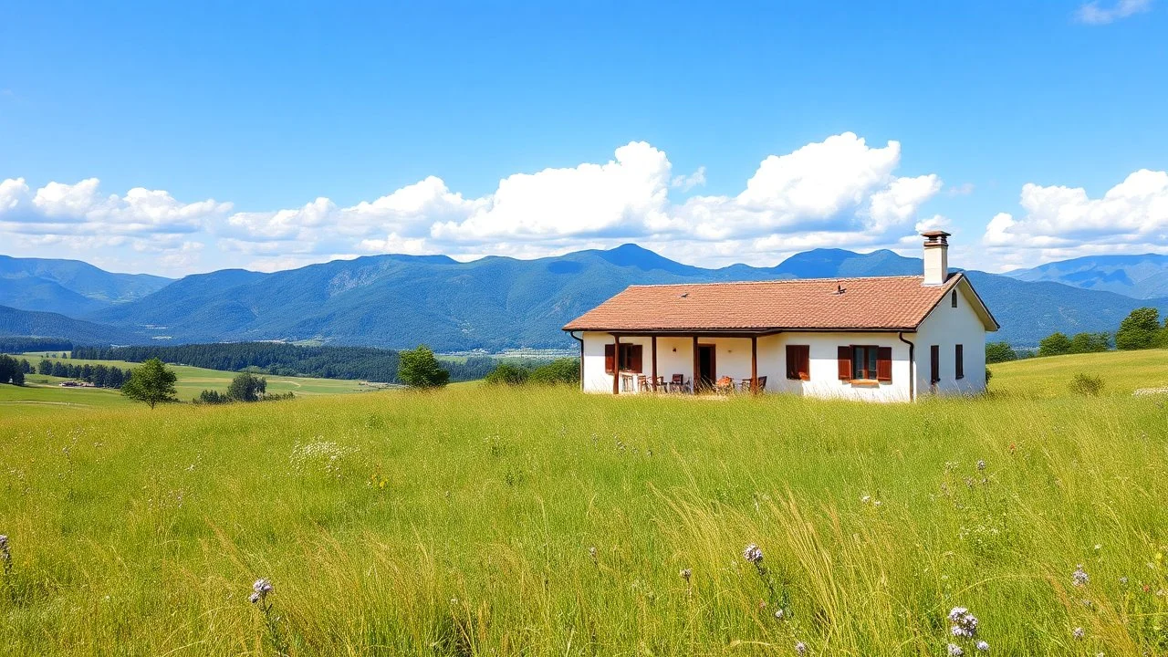 pretty moder villa wide flat grass yard in country side nice flowers in sides,nice blue mountains at distant,white cloudes in blue sky