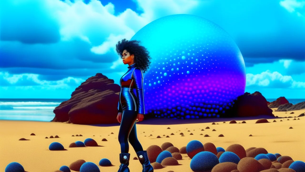 A woman in a catsuit standing on a beach of a rocky coloured crystal-covered landscape with a crashed spaceship in the distance, bright bue sky, white storm clouds