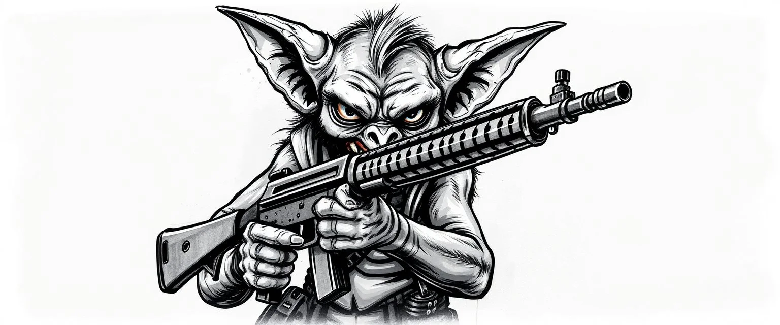 airbrush with pen outline, mongrel goblin gremlin holding uzi, charcoal border