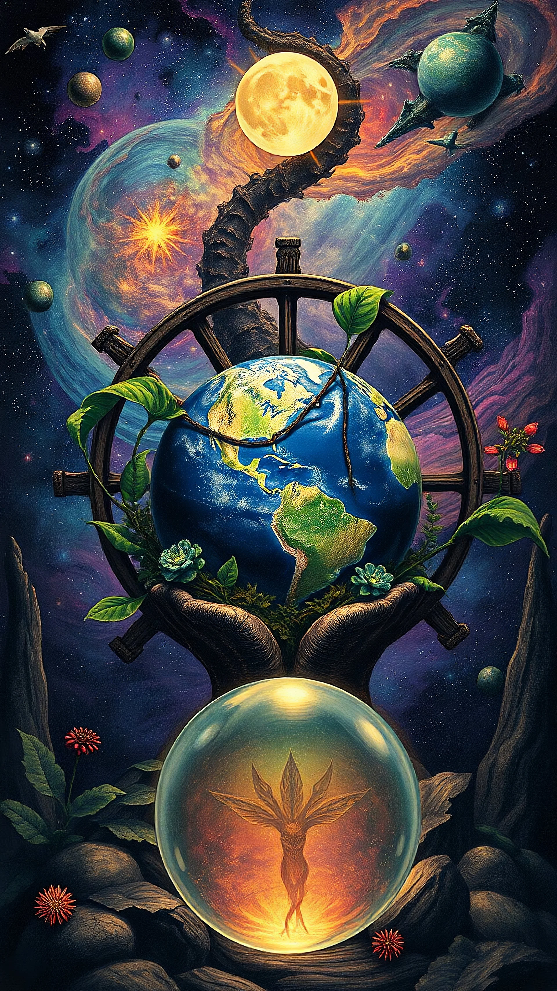 Hieronymus Bosch style nightmares plants in the galaxy , wheel around the plant earth globe, crystal balls