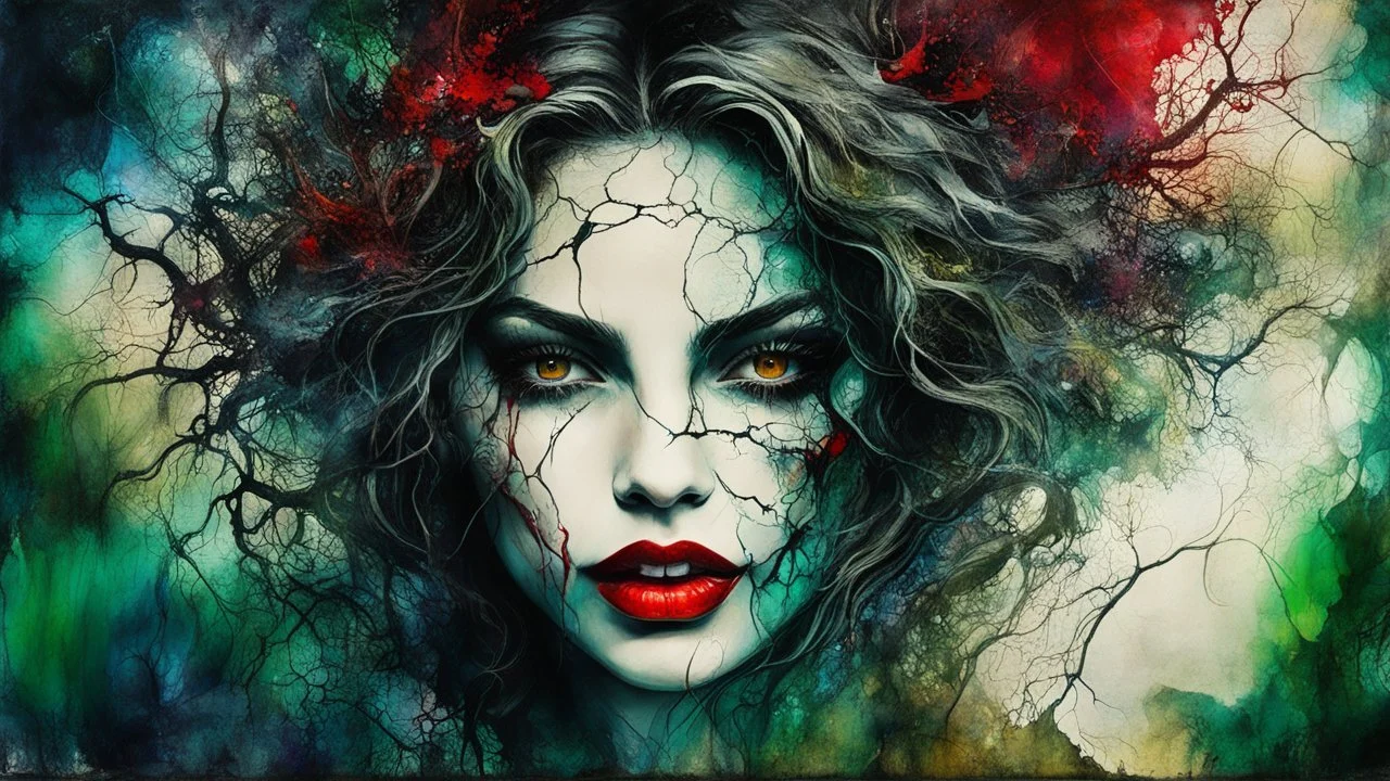 old worn torn, multi-layered cracked canvas, fine detailing with alcohol ink, Captivating realistic painting of a WOMAN, fair face, red lips, splashes of color, HORNS, FANGS, BLOODY TEARS, Multiple exposure, fluffiness, her face is illuminated, her hair merges with swirling fractal vines and tree roots, dark green foliage, symbolizing the unity of strength and wild nature. Flowing hair dissolves into intricate, endless patterns, as if they are protectors and part of the same organic force. Moon