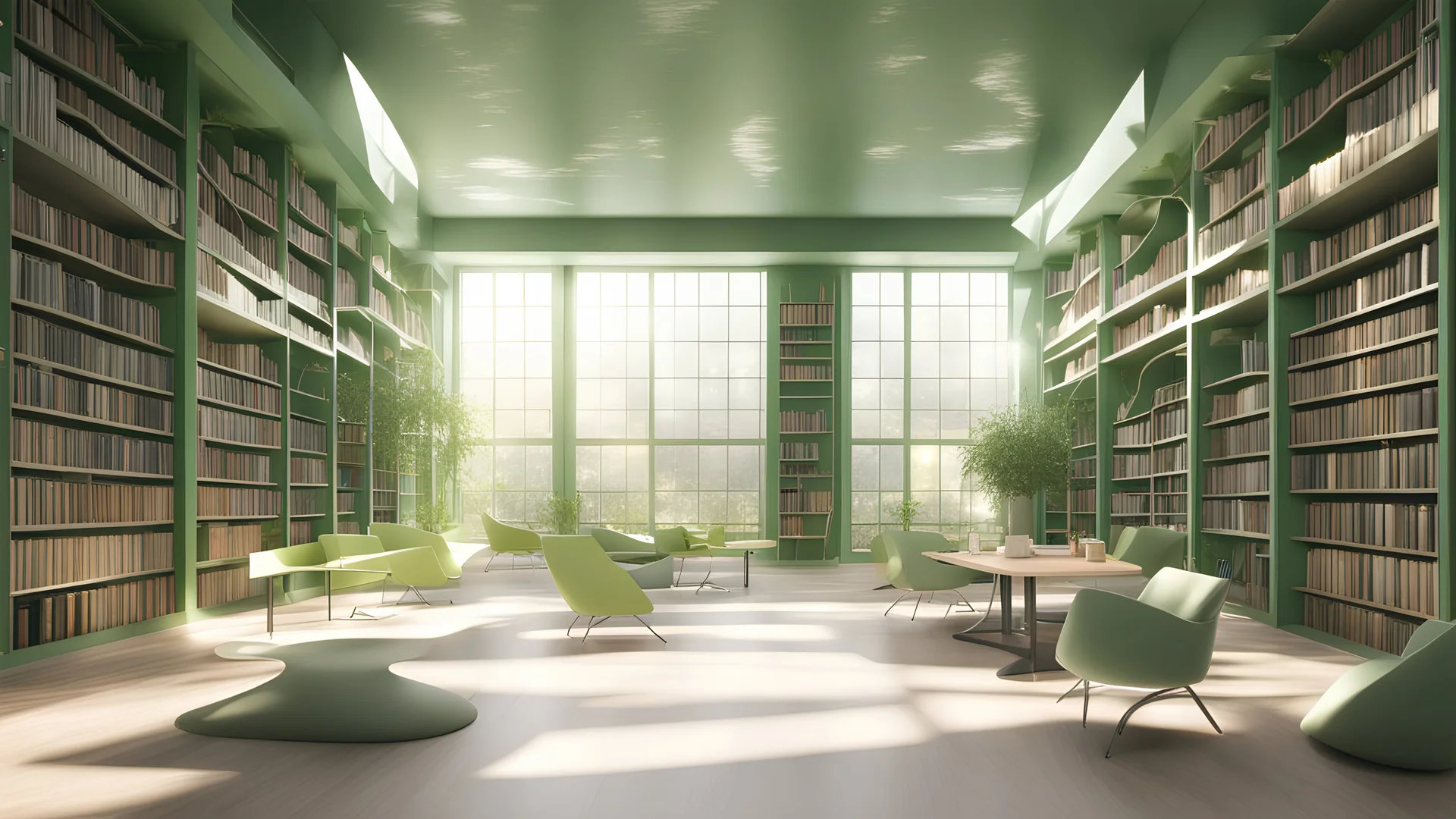 Modern green library interior with sunlight. Decor and desing concept. 3D Rendering