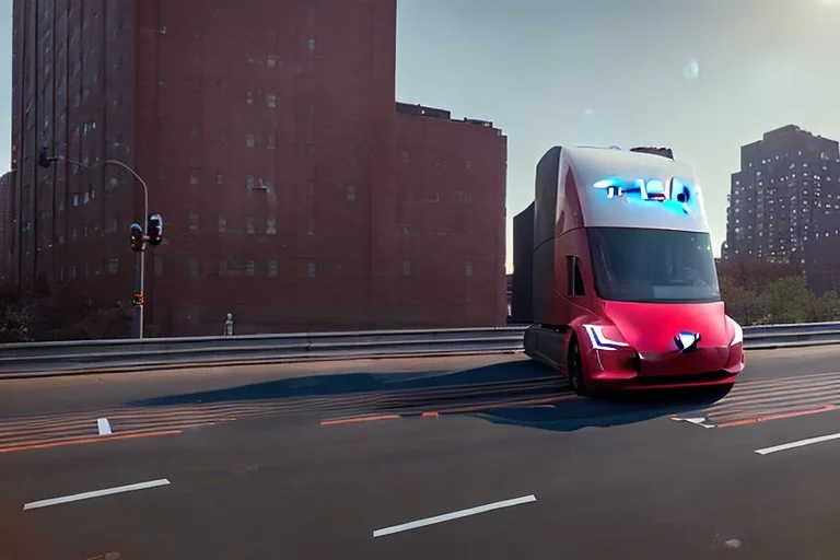 A Tesla 'Semi' (semi truck) is parked, on the 'FDR Drive', eastern Manhattan. (CINEMATIC, WIDE ANGLE LENS, PHOTO REAL)