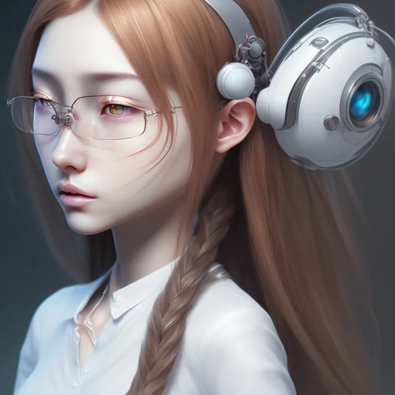 Seting Korean gamer girl , long Brown hair, White headfone, hands on the Chen, round glasses ,elemental face, Unreal Engine 5, highly detailed, highest quality, digital painting, complex 3d render, unreal engine render, insane detail, intricate photograph quality, magnificent, highly intricate, Realistic photography