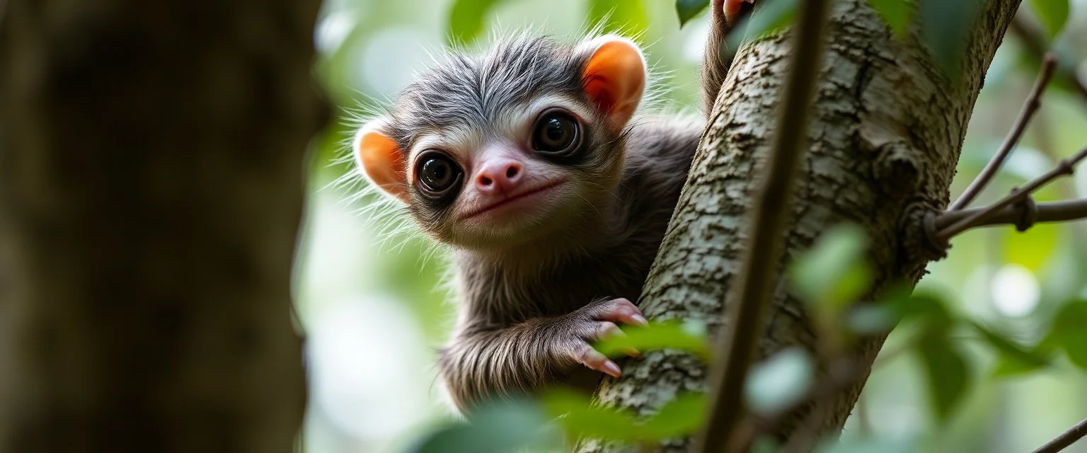 close up on member of sloth gremlin flock climbing trees