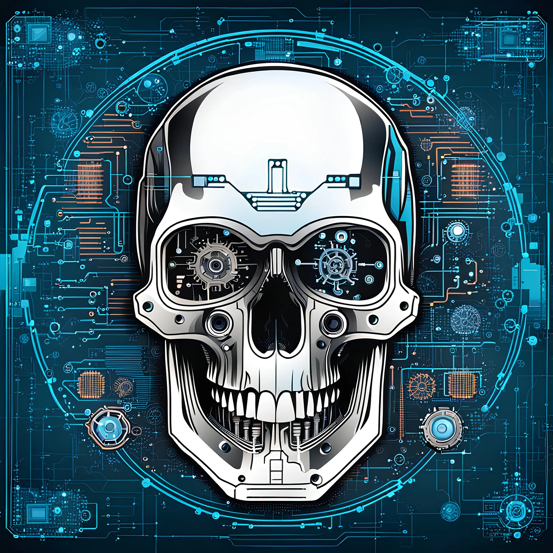 FLAT VECTOR LAYERED IMAGE OF CYBERNETIC SKULL PARTS IN A SCHEMATIC