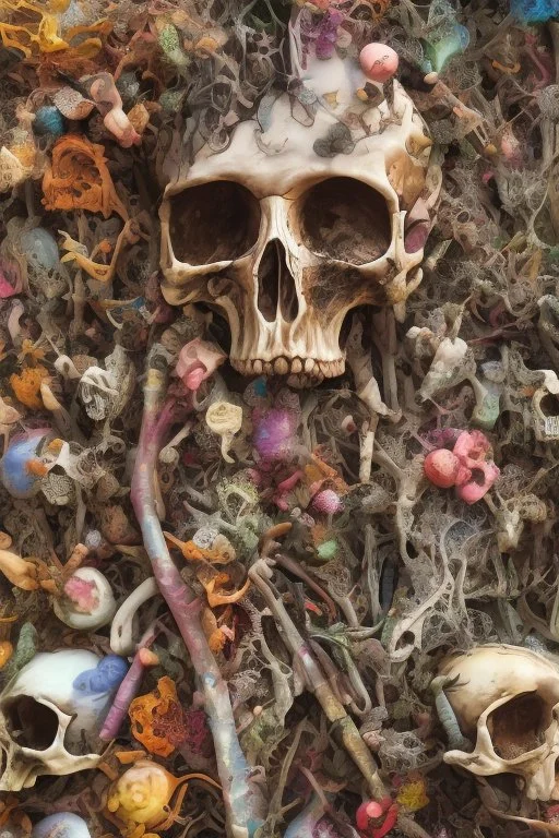 a picture of a dark, comedic, anatomically correct wall of colorful tightly packed skulls of varying sizes and expressions, photo realistic, insanely meticulous, highly detailed, part of a collection of bones on display, 64k, dystopian, vray stained glass