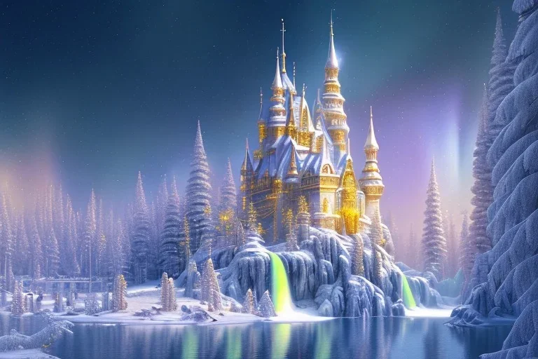  white and gold crystal castle，waterfall, winter snow flakessnow, northern Lights, full of details, smooth, bright sunshine，soft light atmosphere, light effect，vaporwave colorful, concept art, smooth, extremely sharp detail, finely tuned detail, ultra high definition, 8 k, unreal engine 5, ultra sharp focus