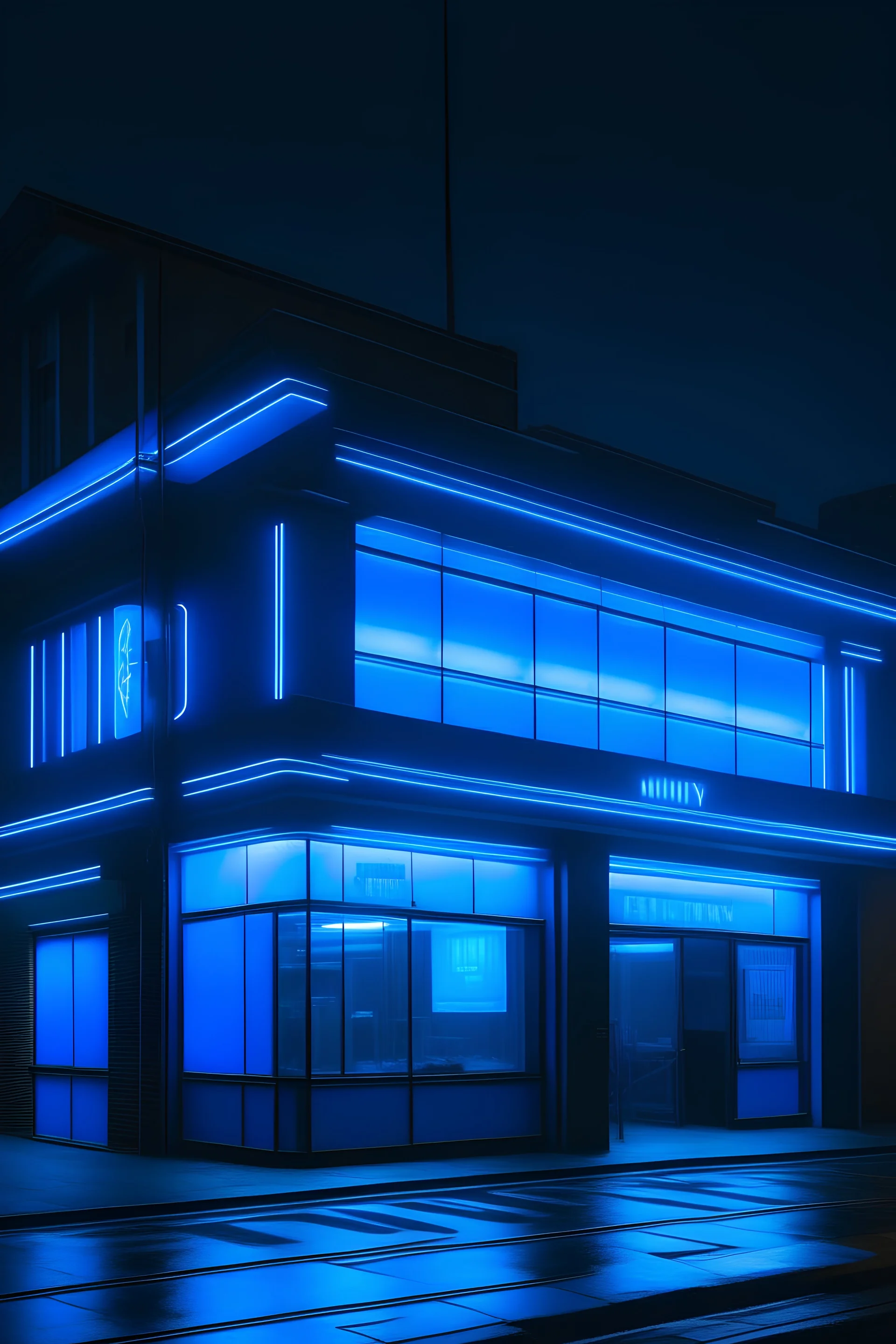 Dimly lit misty single story building with blue neon lights