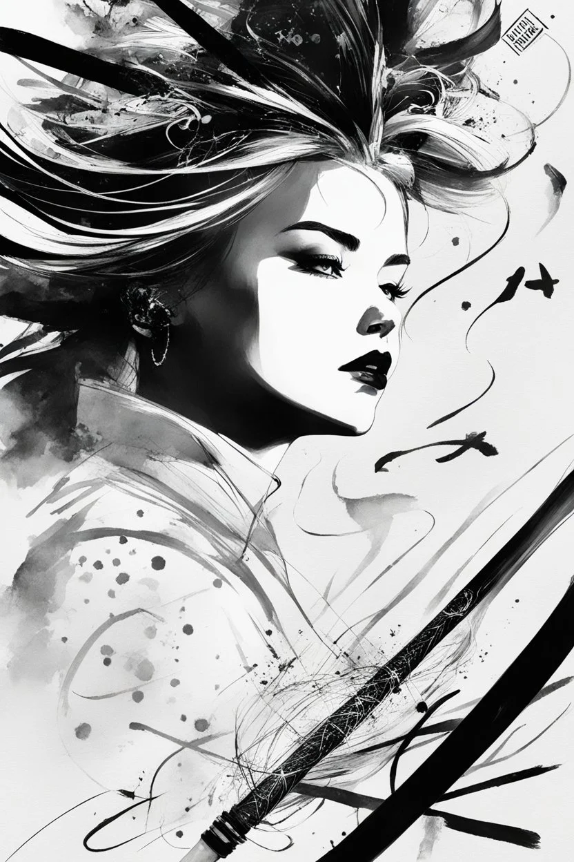 SNIFFIN’ GLUE magazine high res photo cover for special issue #666 (May 2035) on traditional calligraphy brush, expressive line, ink washed on a woman figure. a ray of light in a world plagued by chaos due to geopolitical tensions and global warming., [a lot of writing and table of content issues like indie magazines]