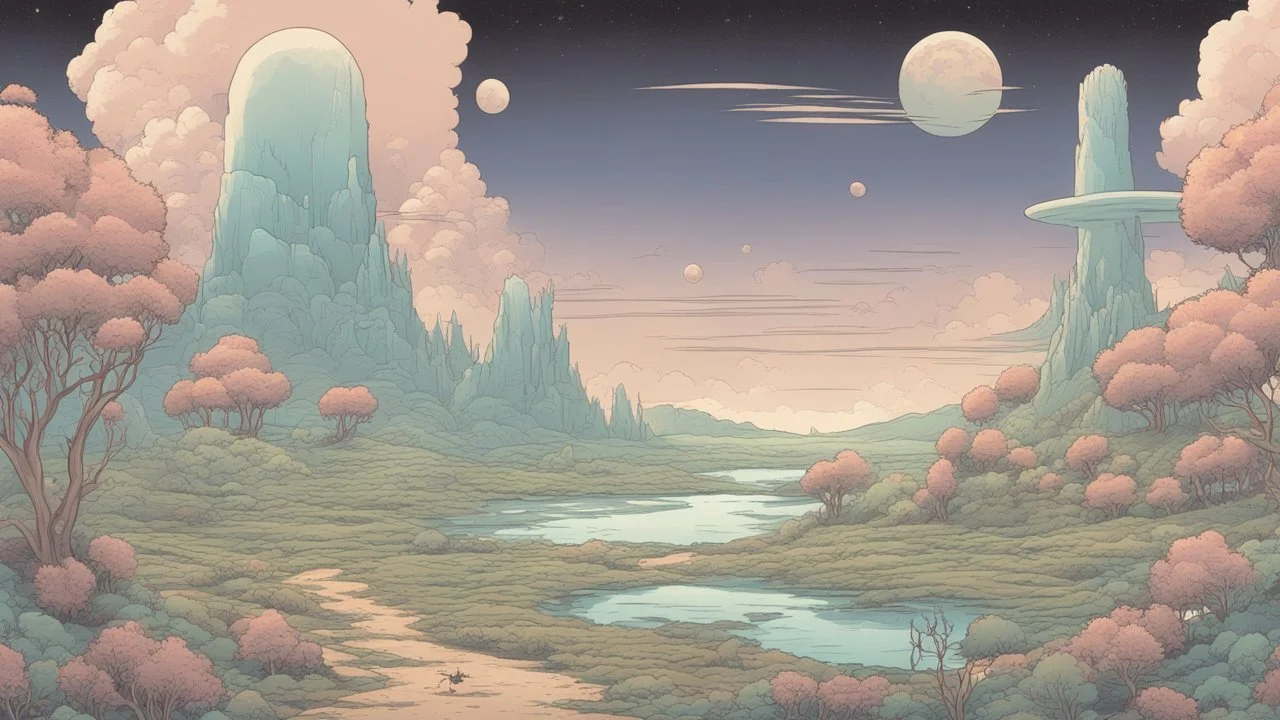 comic style, highly detailed ,gorgeous otherworldly landscape, otherworldly plants