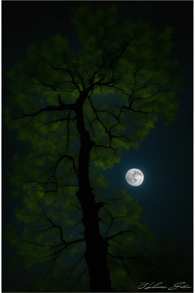 Night, tree leaves, moon, clouds, photography