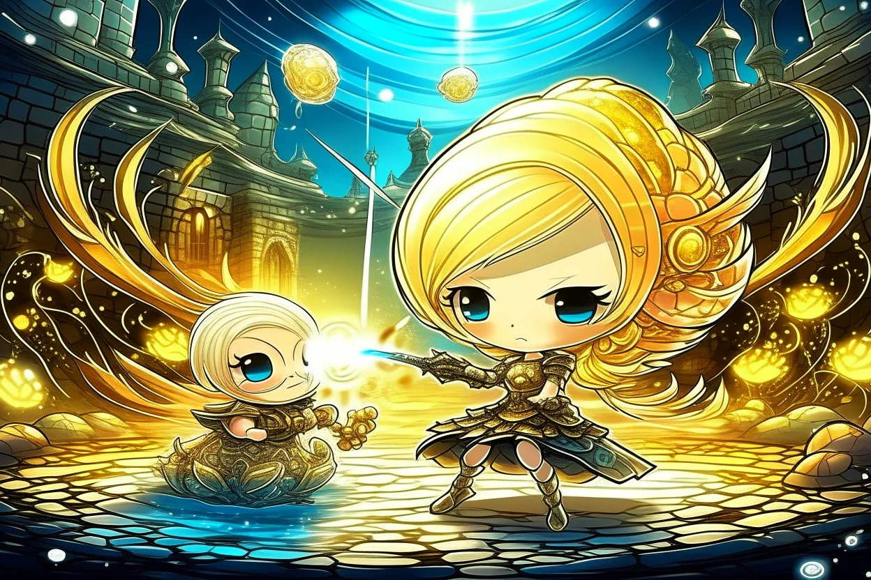 cute blonde chibi princess fighting with an ugly giant monster with a golden laser sabre, golden coin stacks, pond, in sunshine, H.R. Giger, anime, steampunk, surreal, watercolor and black in outlines, golden glitter, ethereal, cinematic postprocessing, bokeh, dof