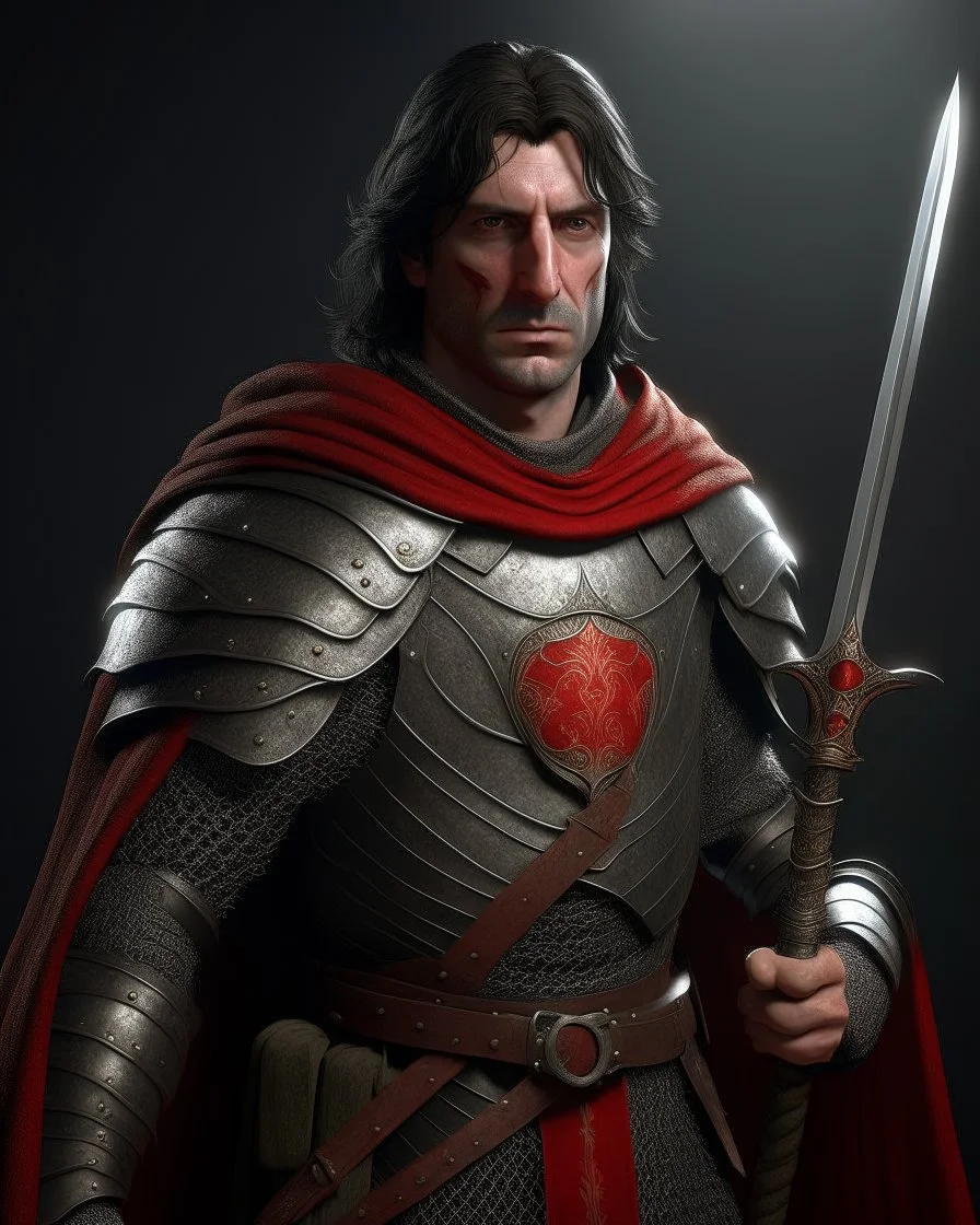 Medieval military captain, weathered face, short black hair, piercing grey eyes. Wearing chainmail armor with royal insignia, red cape. Noble posture, commanding presence. Serious expression. Long sword at his side with royal crest. Realistic fantasy style, dramatic lighting.