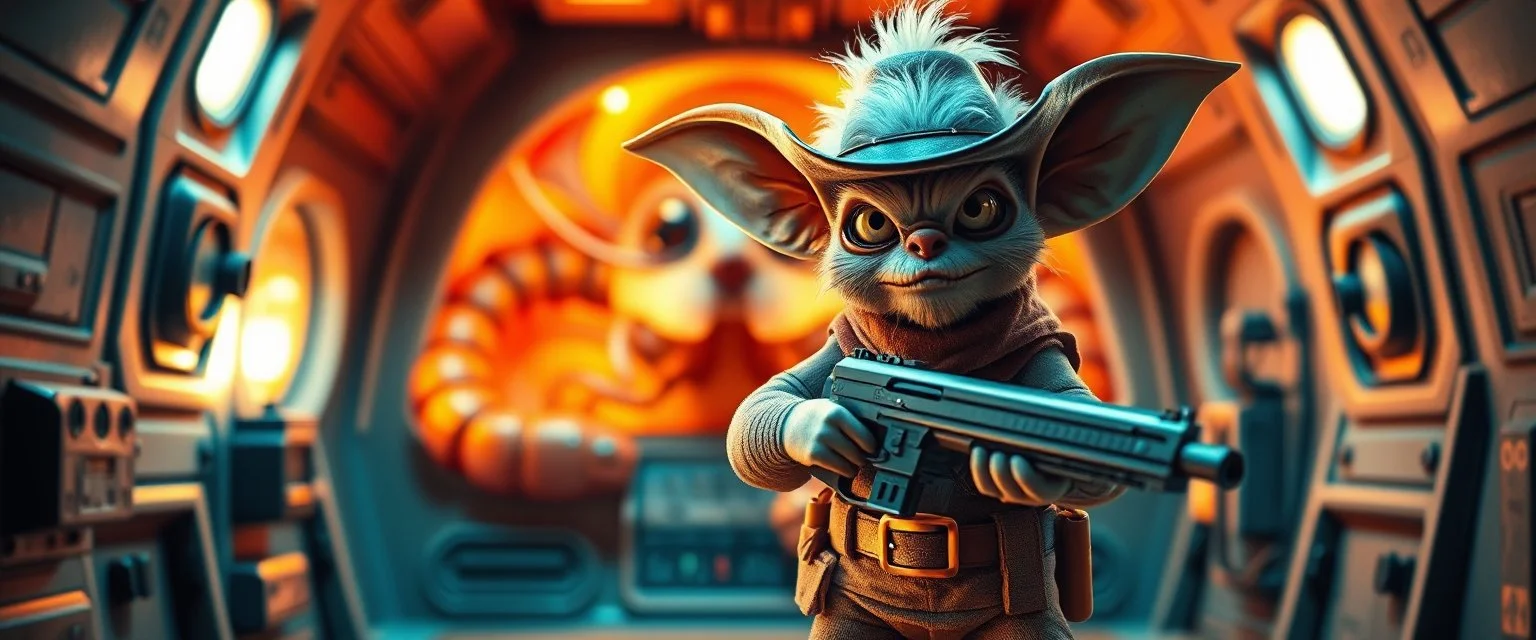 air brush 3d with pen outline,spaghetti boss gunslinger with ammo belts, western fluffy elder gremlin edgy hero with slightly glowing eyes in front of glistening space lobster dog, shallow depth of field, warm lantern, pin hole cam in doll house space ship, bottom floor board edge border