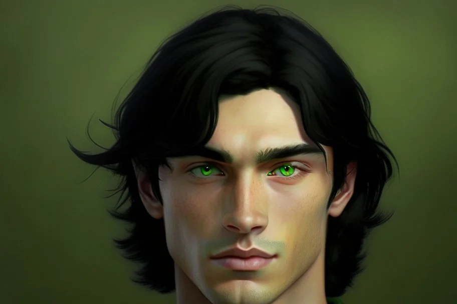 a young male with shoulder length black hair and green eyes, slight smile