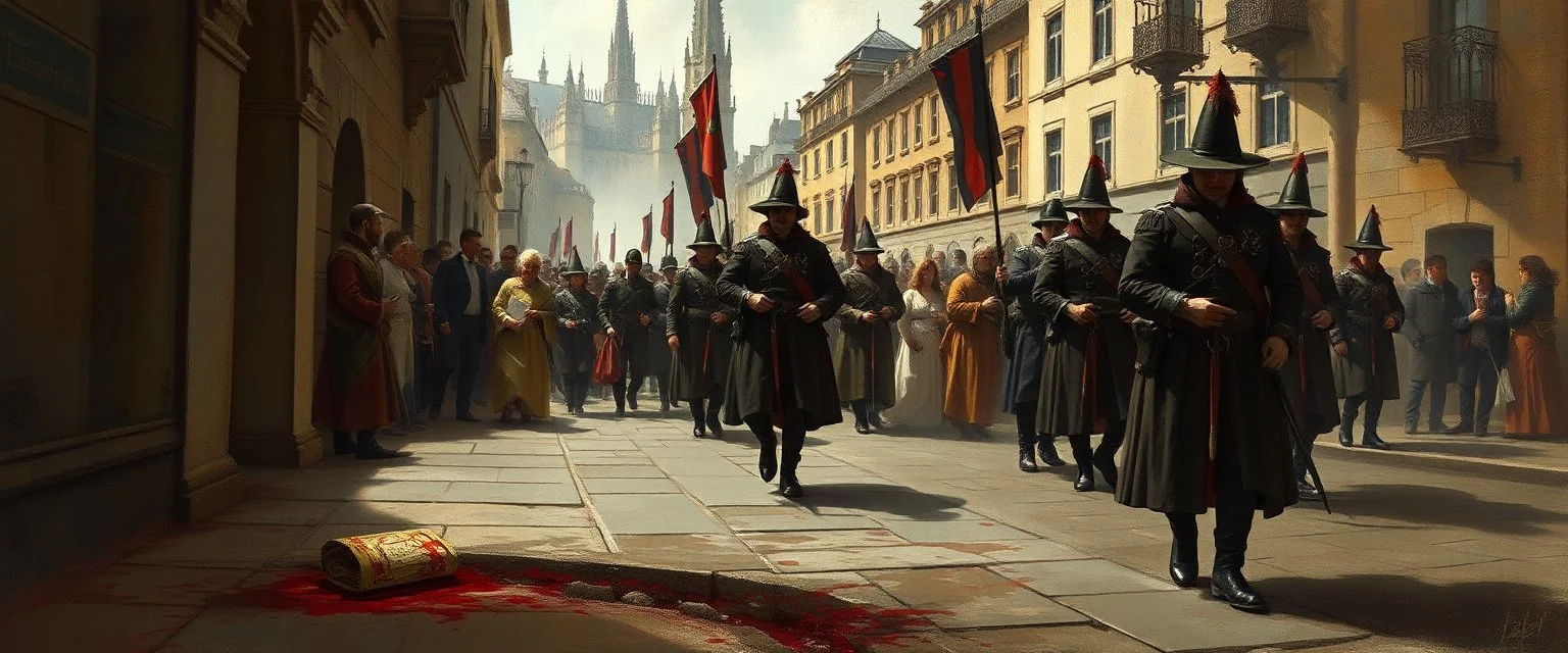 fantasy art, style of Rembrandt,Dead drop discovery: While walking, a party member stumbles upon a small, blood-stained package hidden in a gutter. It contains a coded message to a cult of the Dead Three. 9-10 Parade of the Patriars: A noble's procession blocks the street. The crowd is forced to bow, and guards roughly shove anyone who doesn't move quickly enough.