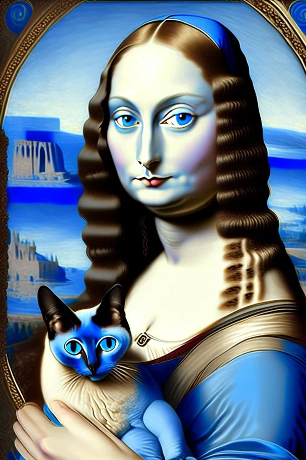 Mona lisa holding Siamese cat with blue eyes in art style of Botticelli artwork Modifiers: highly detailed 8k beautiful colourful matte background Michelangelo acrylic art aesthetically perfect facial features Siamese cat Chocolate point color Blue eyes only Sphynx cat