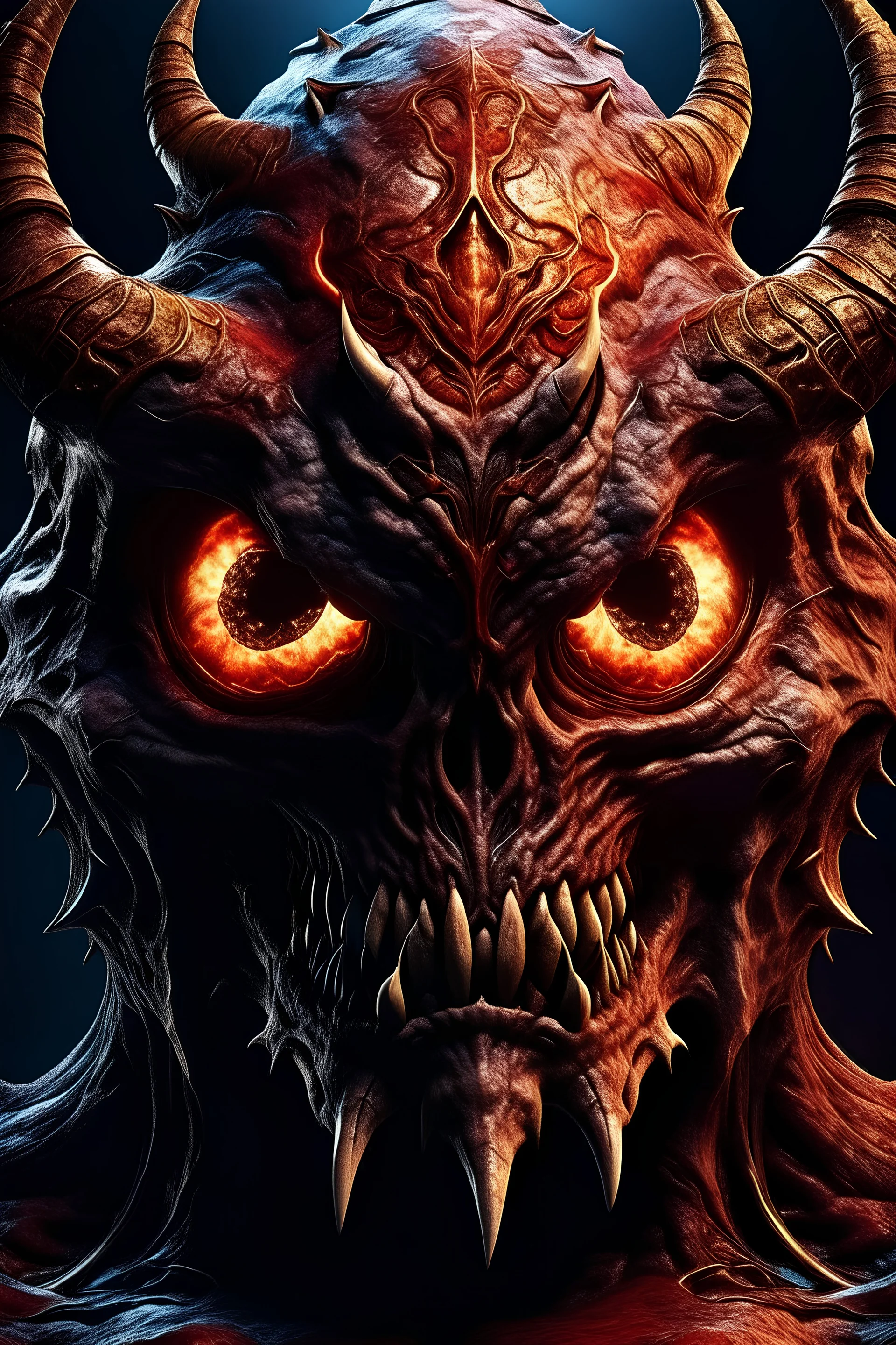 face of a doom game monster demon big bloody monster with muscular human shape body with horns killed a human corps in the hand