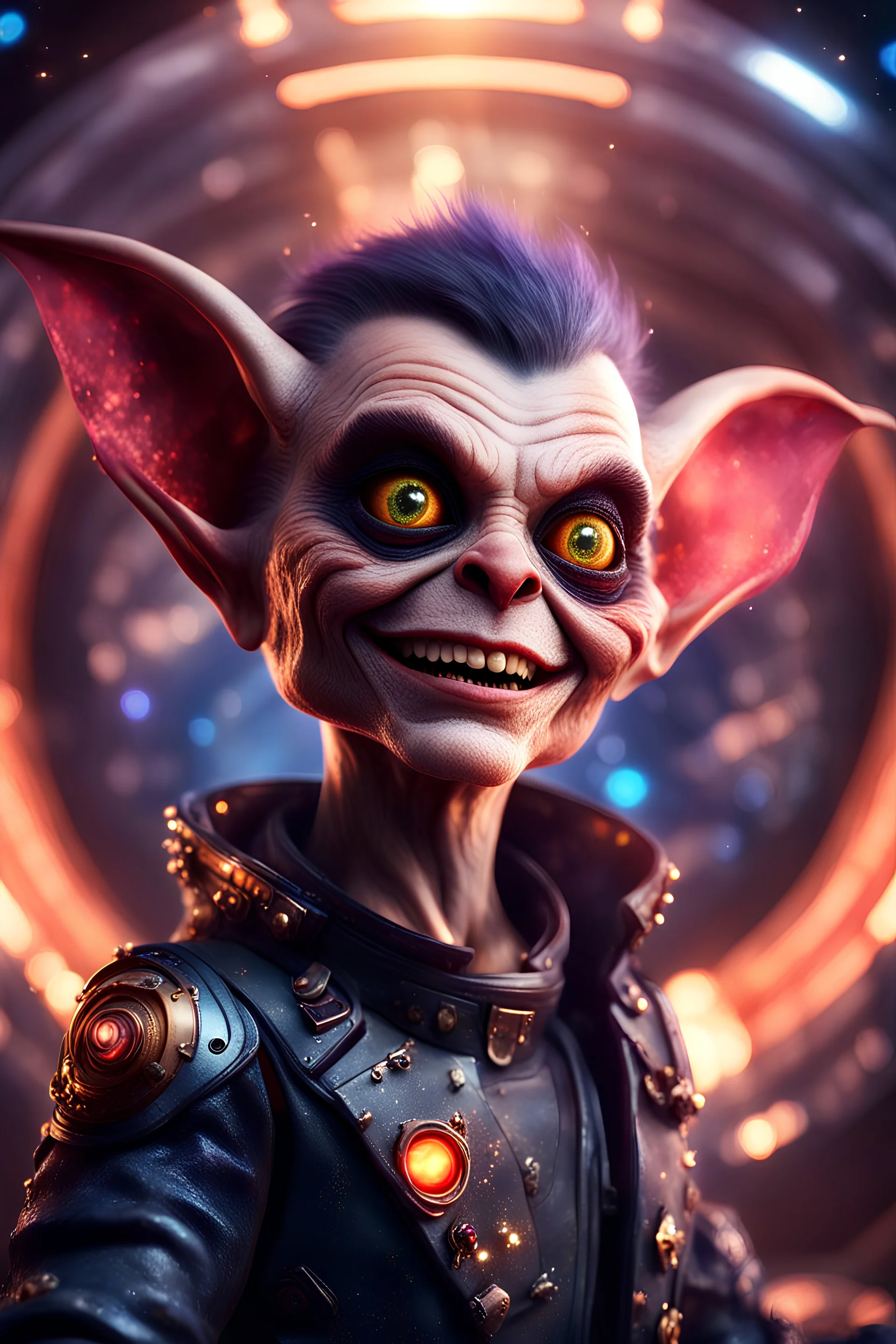 the most effective war paint, hypnosis survivor at 1hit.no,book cover illustration, portrait of ultimate transcendent happy chat gremlin vampire space with spotlights, in front of space portal dimensional glittering device, bokeh like f/0.8, tilt-shift lens 8k, high detail, smooth render, down-light, unreal engine, prize winning