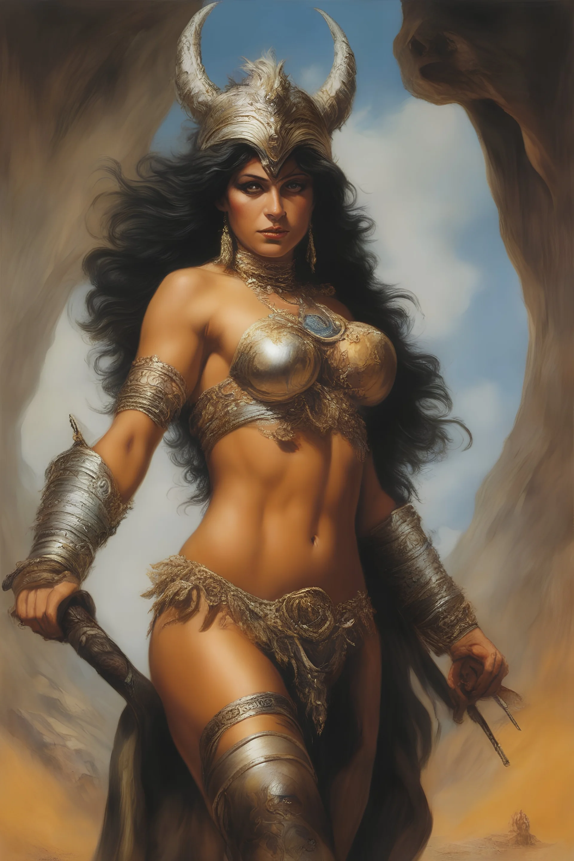 an extremely bodacious and graphic depiction of Cassandra thenudewoman, oil painting by Boris Vallejo