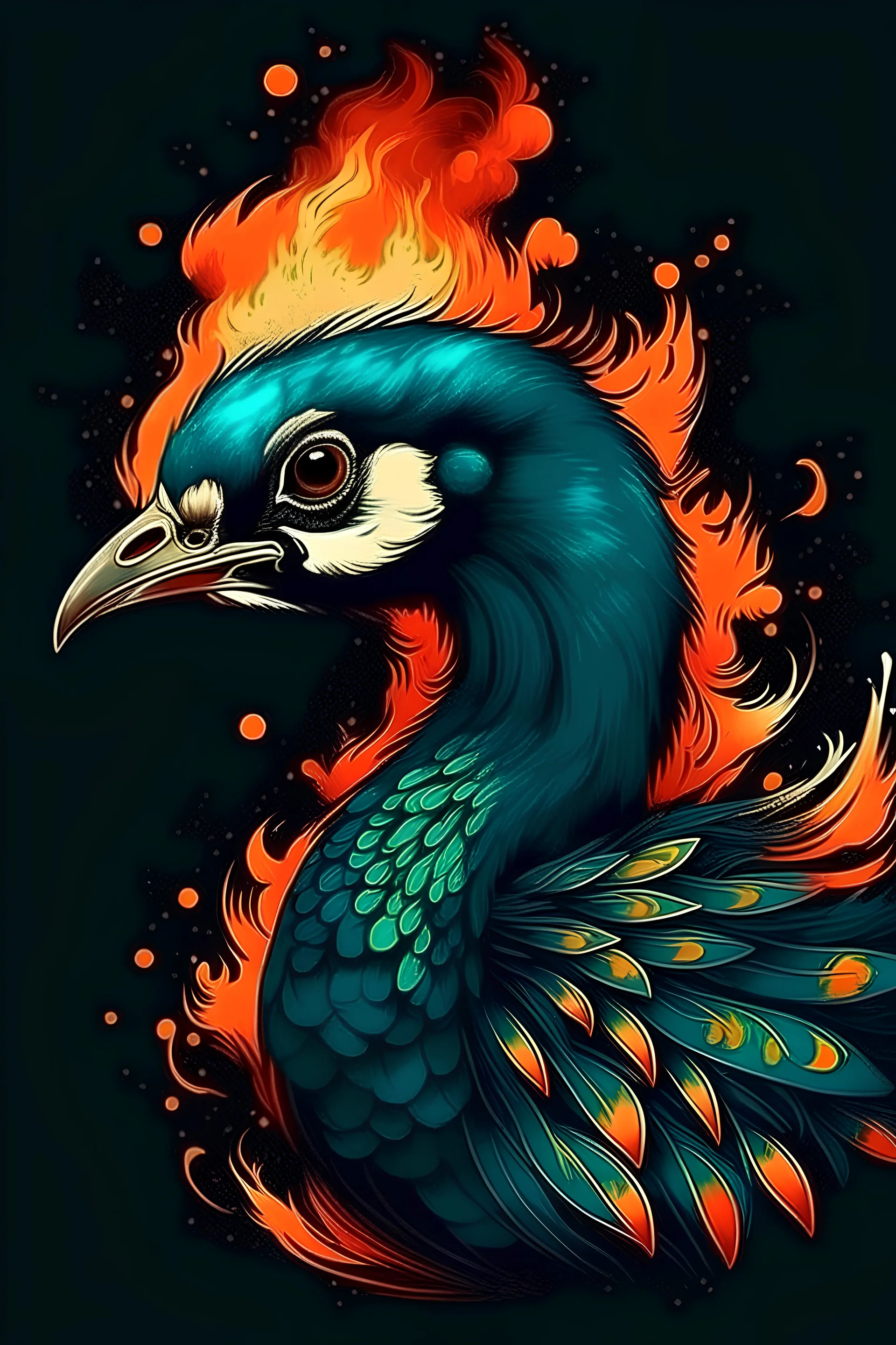 Portrait of violent peacock with flames