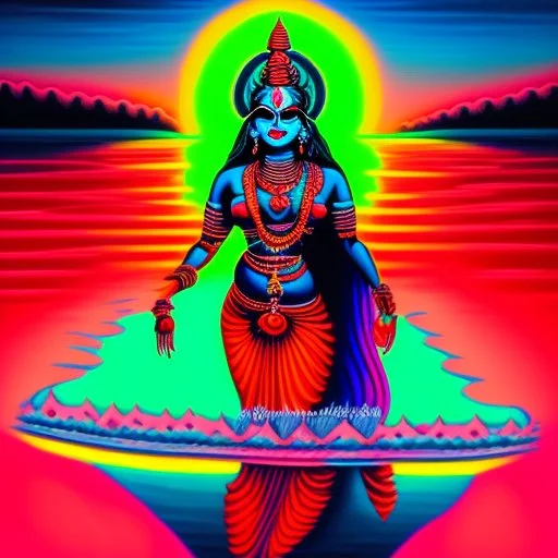 An oil painting of goddess Kali crossing a lake, neon red colors,