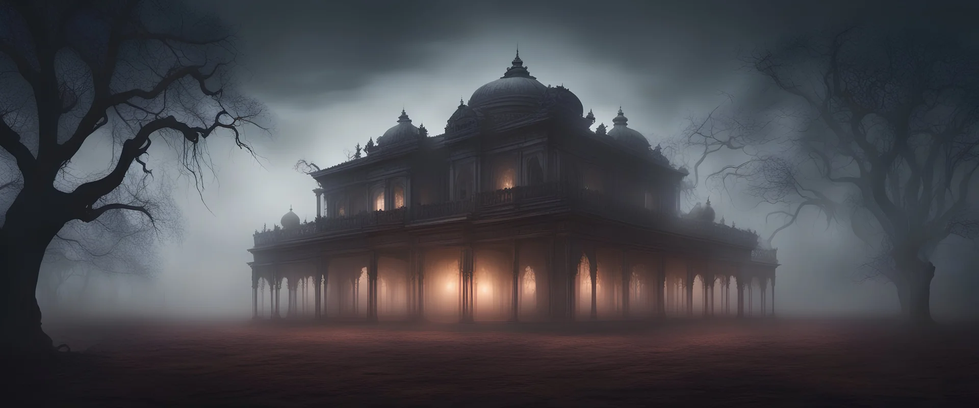 Hyper Realistic Haunted Dark Indian palace between a Field with dry old tree at heavy foggy night