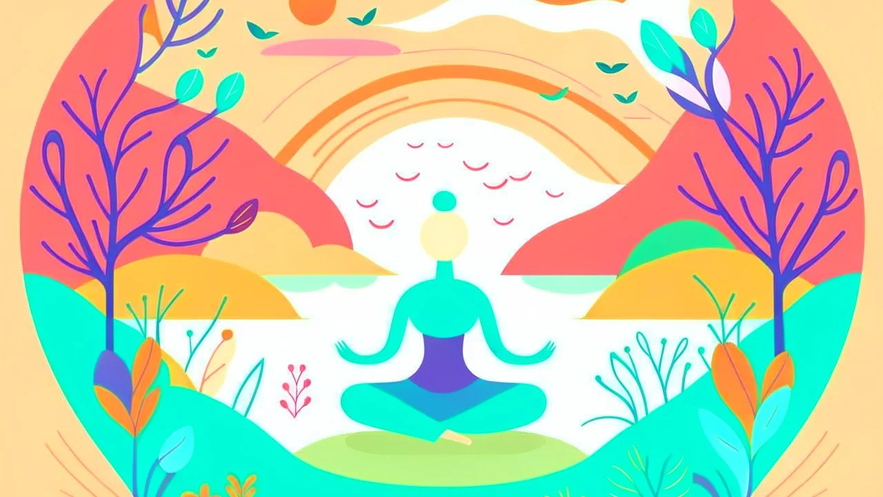 Create a serene flat design illustration for a yoga and well-being website. Use a soothing color palette and depict a tranquil yoga scene with a yogi in yoga positions surrounded by nature.