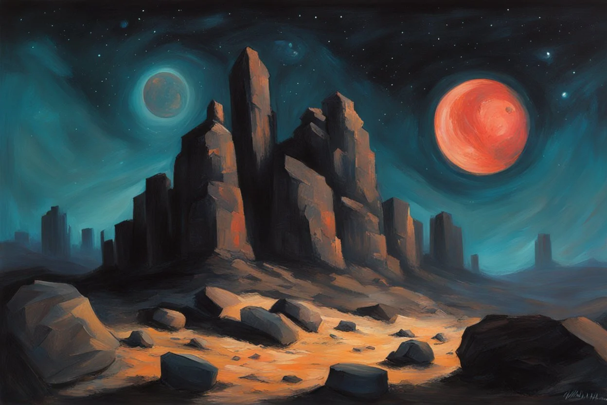 Night, mountains, rocks, sci-fi, rodolphe wytsman impressionism paintings