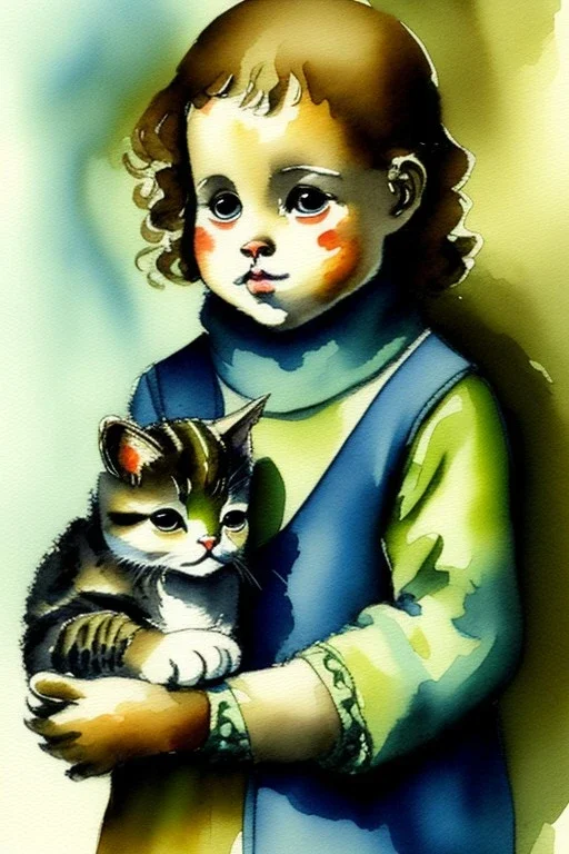 A cute cat is holding a kitten. Watercolour