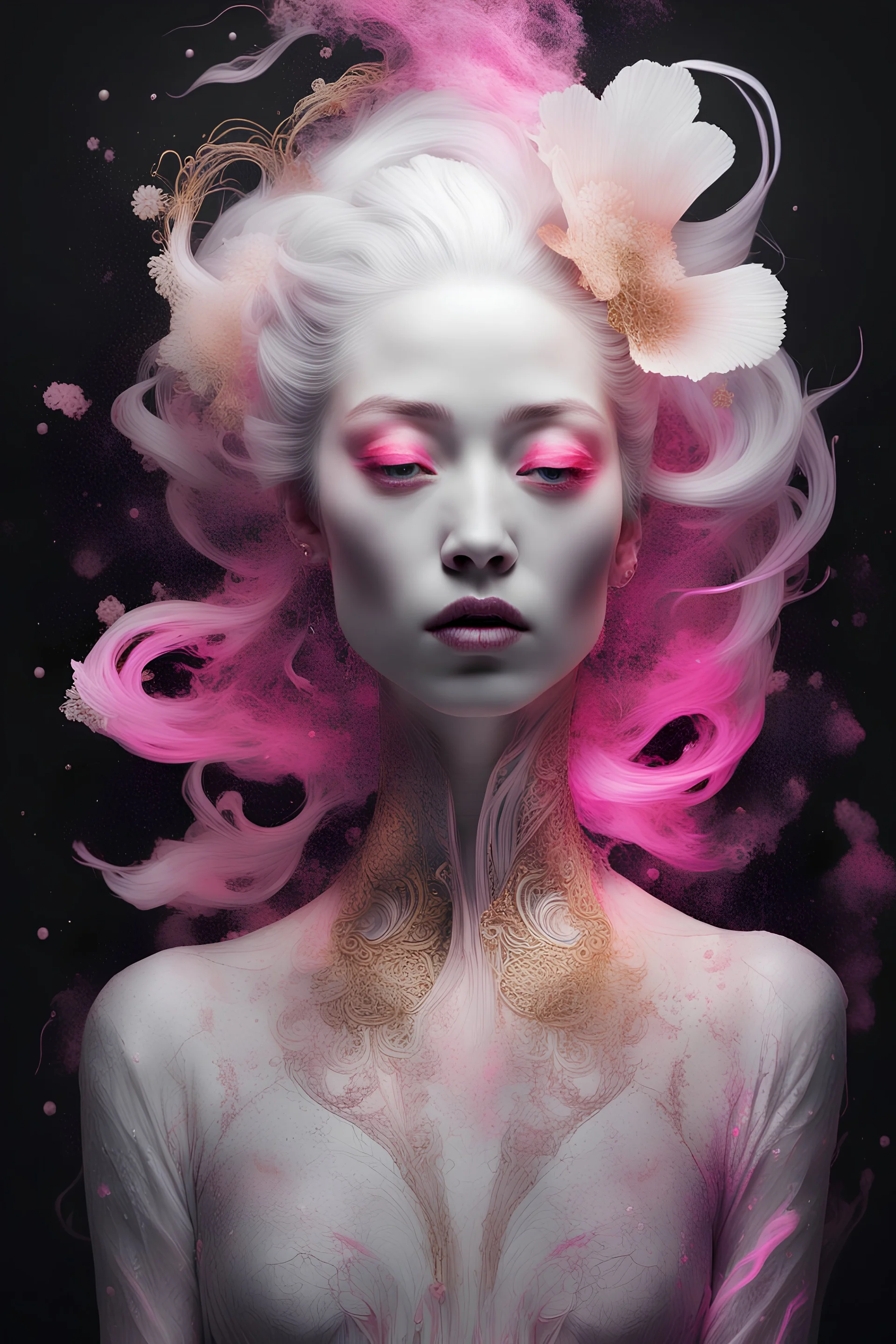 a photo RAW, (Black, neon pink and magenta : Portrait of 2 ghostly long tailed white koi, woman, shiny aura, highly detailed, gold and pearly filigree, intricate motifs, organic tracery, by Android jones, Januz Miralles, Hikari Shimoda, glowing stardust by W. Zelmer, perfect composition, smooth, sharp focus, sparkling particles, lively coral reef background Realistic, realism, hd, 35mm photograph, 8k), masterpiece, award winning photography, natural light, perfect composition, high detail, hyper