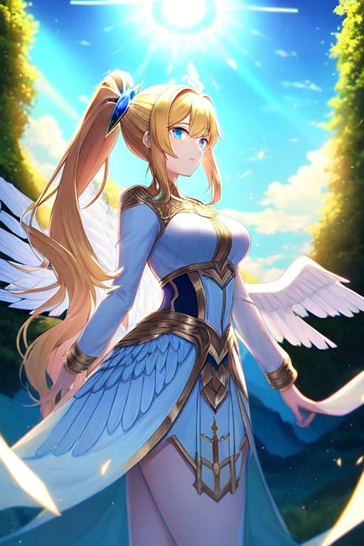 girl, masterpiece, best quality, cinematic lighting, detailed outfit, vibrant colors, perfect eyes, golden hair, long hair, ponytail, blue eyes, valkyrie, halo, white wings, landscape, sun, light rays, god rays, lens flare,