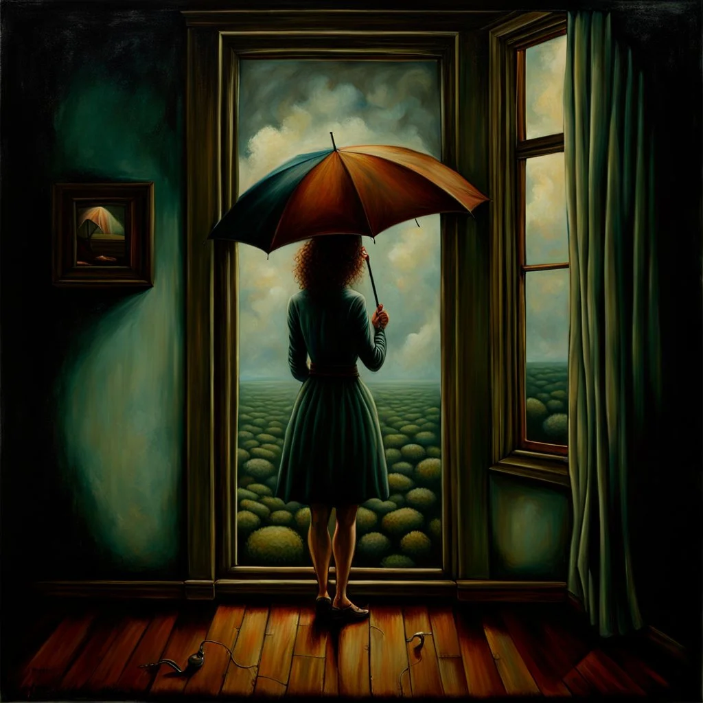 painting of a woman holding an umbrella in a room with a window, surreal oil painting, inspired by Esao Andrews, andrews esao artstyle, magical realism painting, style of esao andrews, !!!esao andrews!!!, by Esao Andrews, by ESAO, surrealistic painting, surreal painting, by Lee Madgwick, inspired by ESAO