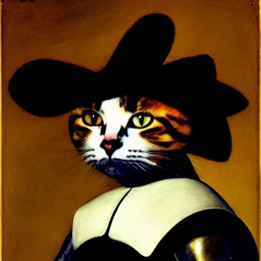 retrato del gato con vestimenta de Mosquetero con estilo de Diego Velázquez