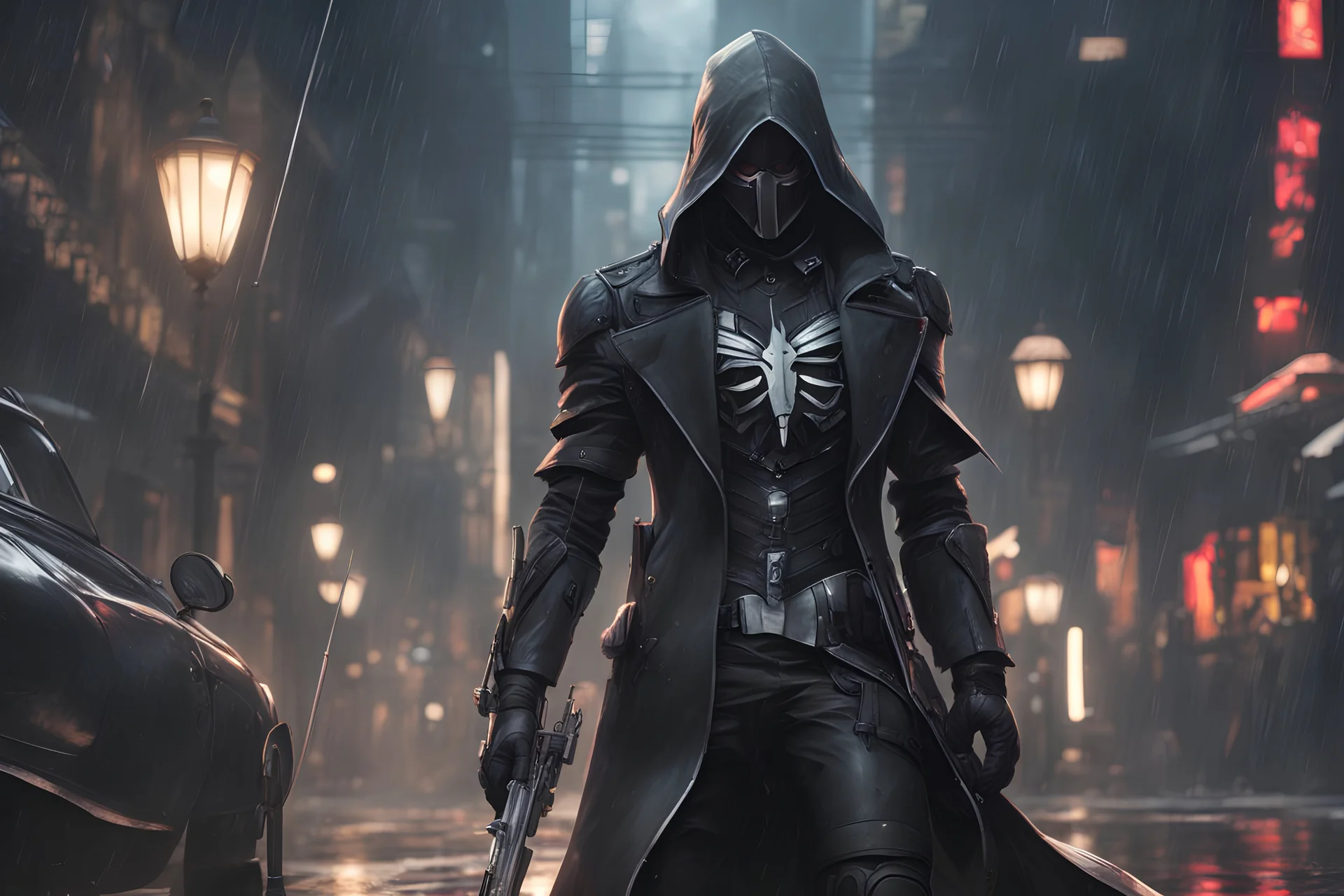 Reaper in 8k nier automata drawing style, venom them, cinematic mood, neon reflect, close picture, rain, highly detailed, high details, detailed portrait, masterpiece,ultra detailed, ultra quality