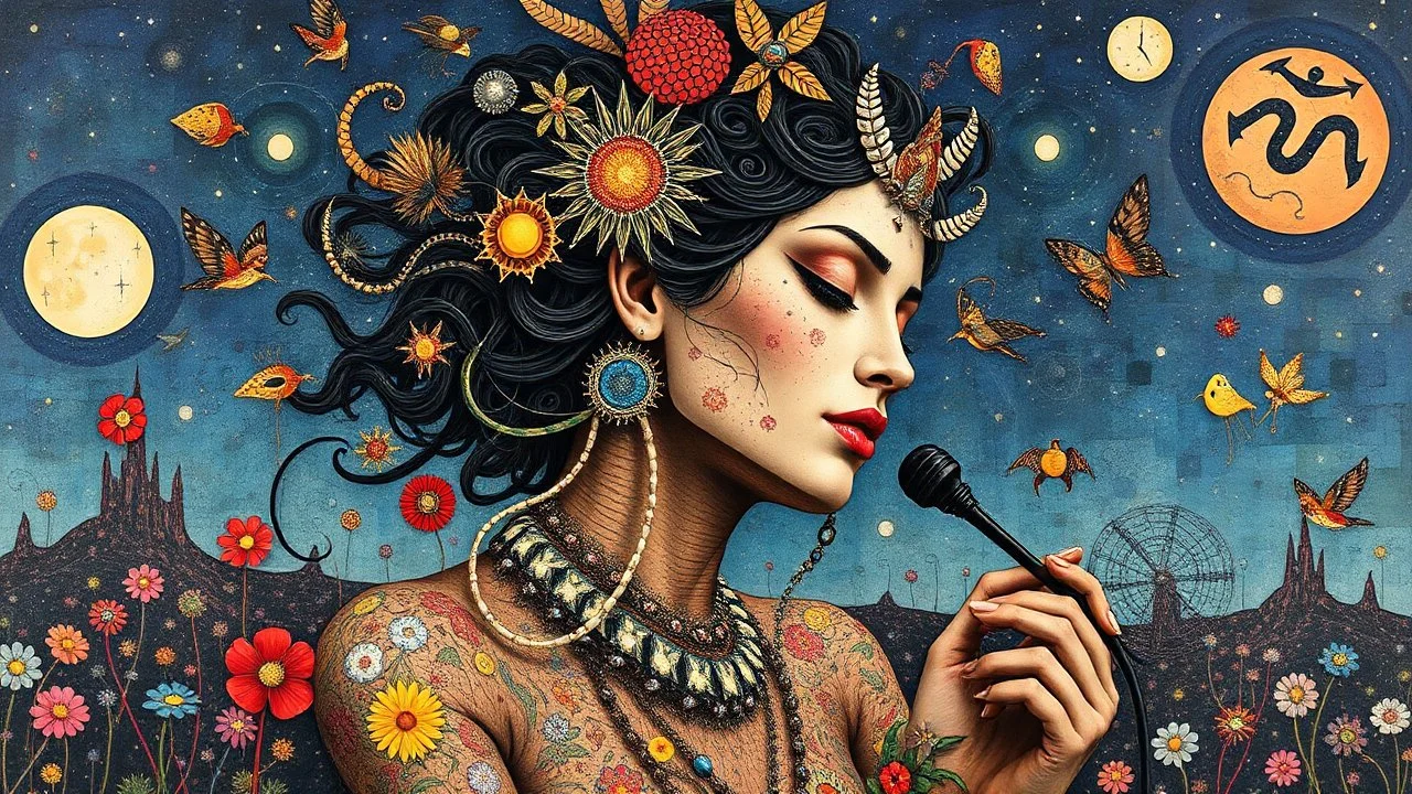 "Midnight Serenade" otherworldly presence the most beautiful woman in God of war, 3D, in the style of Pacheco, Kazumasa Nagai, Yayoi Kusama, Roger Ballen, Arthur Dove and Yaacov Agam Background mixed media collages incorporating recycled materials, bright colors, and symbols of artists rocker and environmental activism, reflect the artist's response to contemporary issues. salvador dali v 5.2--c 10 --style raw --ar 16:9 --s 1000