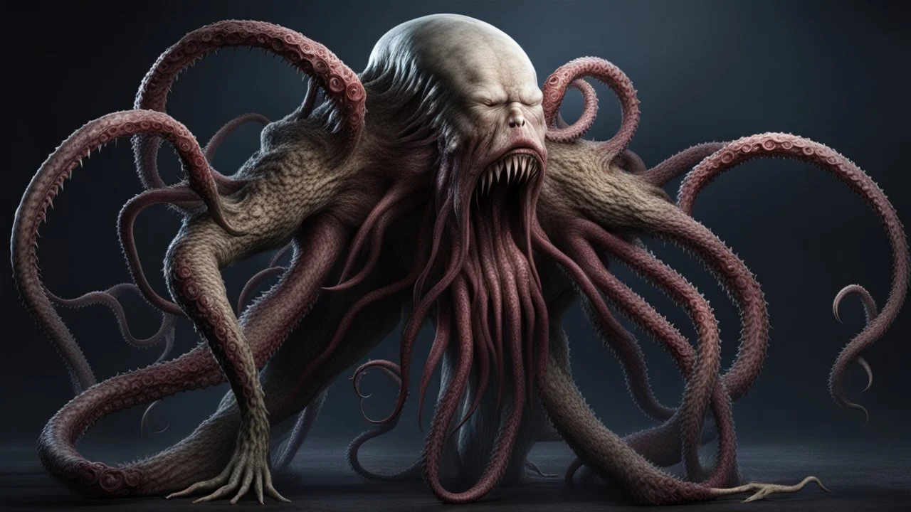 from the back a sad fantasy monster with many tentacles, sad pose, scary creature without face and without eyes, with big mouth, full length, full body without legs, very detailed, intricate insanely, Hyperrealism, photorealistic, natural volumetric light, dark fantasy style, photo style