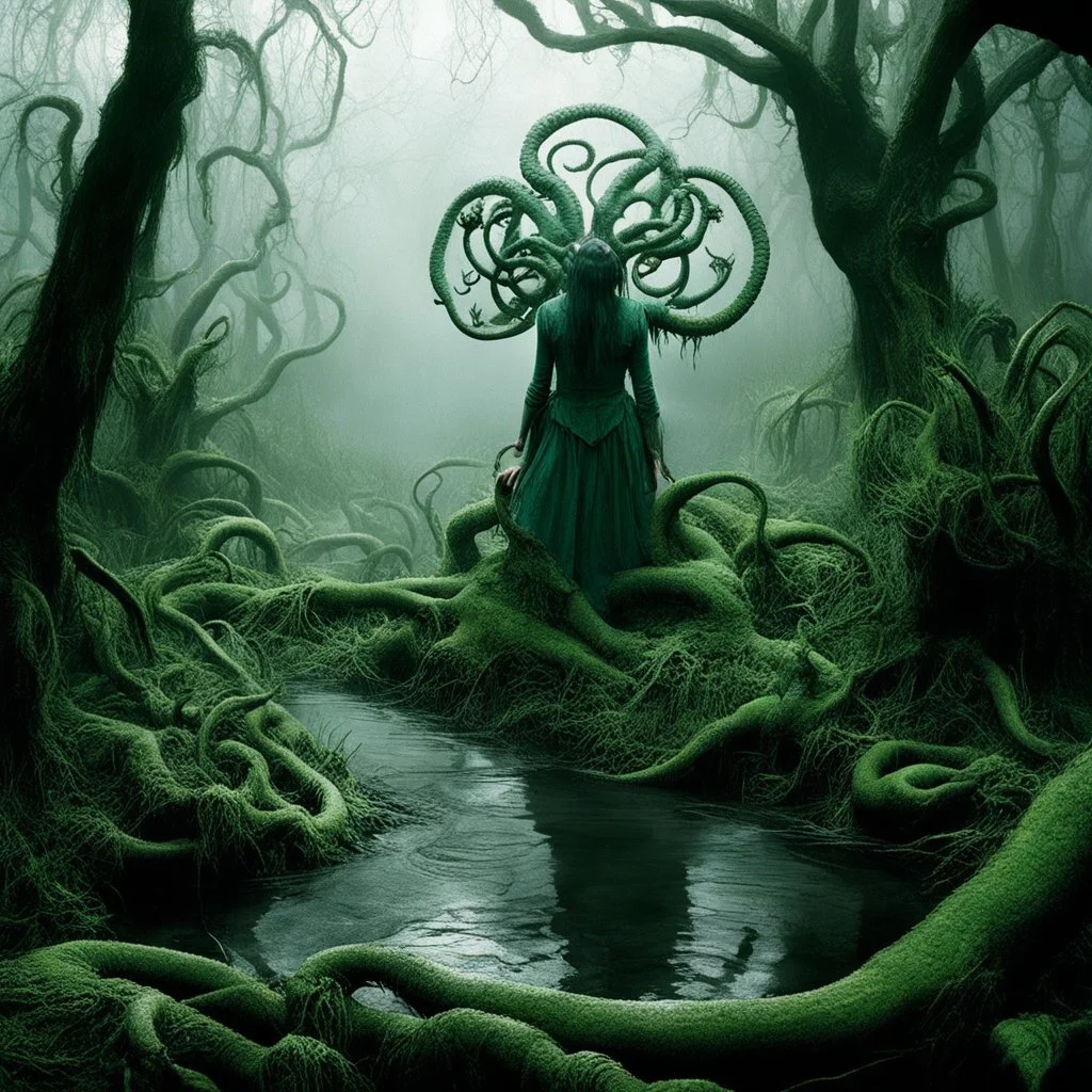 [photo for Pan's Labyrinth (2006): in the swamp] In a fantasmagoric scene, amidst the swirling mists of a mystical realm, there emerges Serpent Lebe, the mythical ancestor of fertility. Serpent Lebe coils and undulates with an otherworldly grace, its scales shimmering with ethereal light. The air is thick with the scent of ancient magic, and the ground beneath trembles with the power of creation.