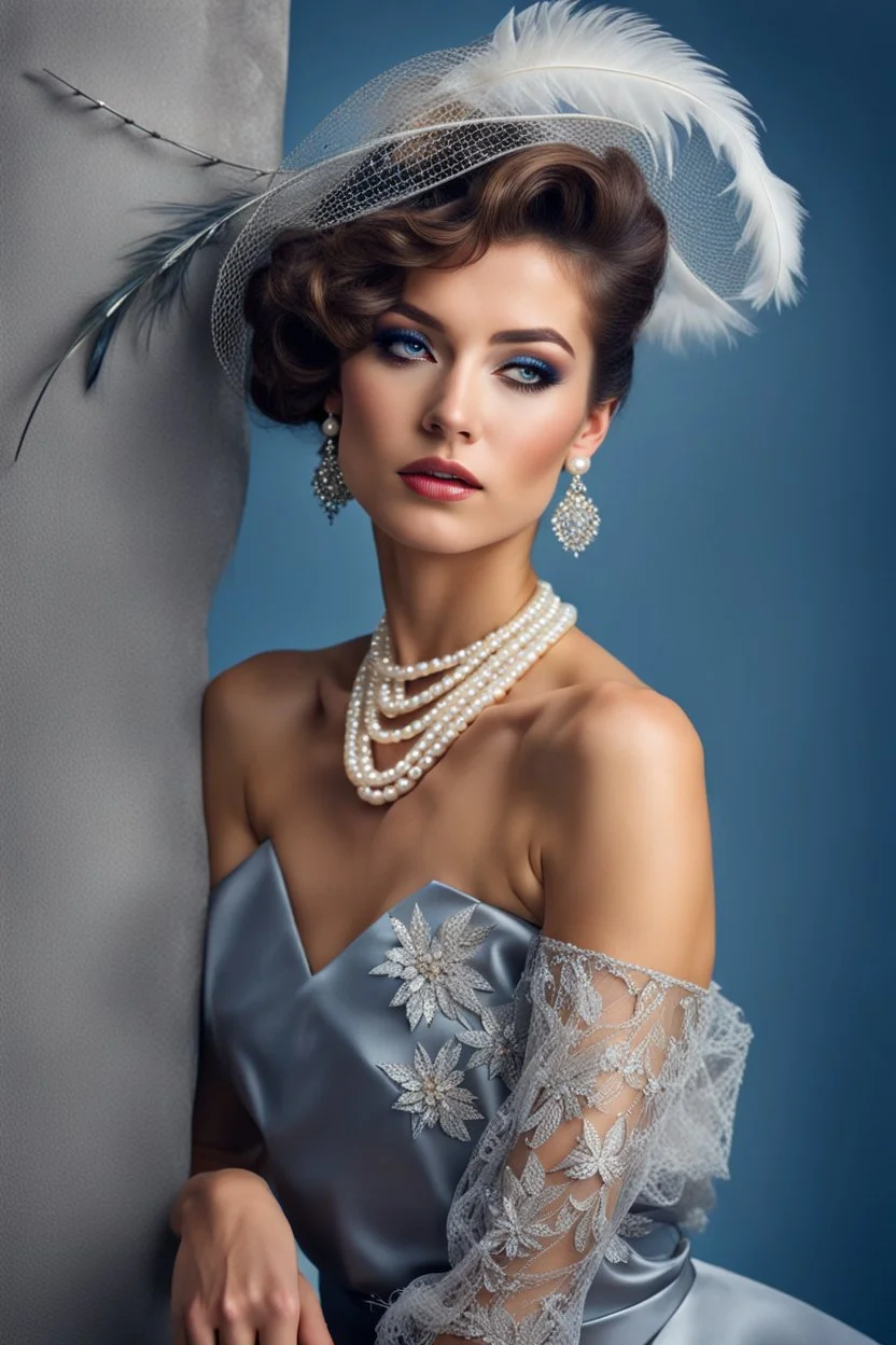 full body beautiful girl, elegant silver,lace clothes of the 80s, luxury style, small elegant hat with feather, hair of the 80s, pearl necklace, earrings masterful, beautiful face,blue backdrop