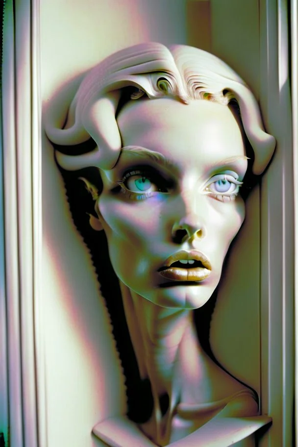 Anatomy interiors worm girl face, pulp, photorealistic, shoot by Helmut Newton, very low contrast, very soft colors