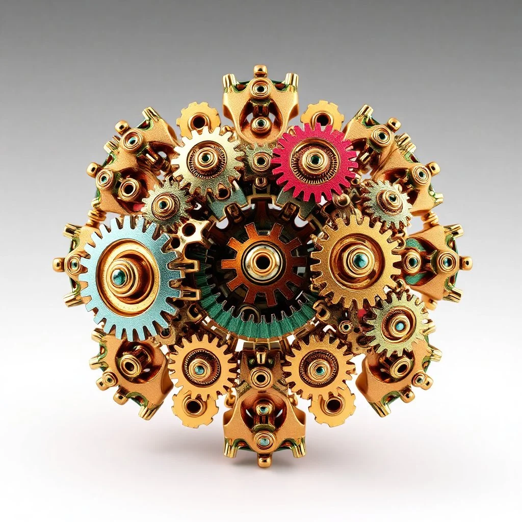 a julia set 3d fractal made of small metallic random color gears