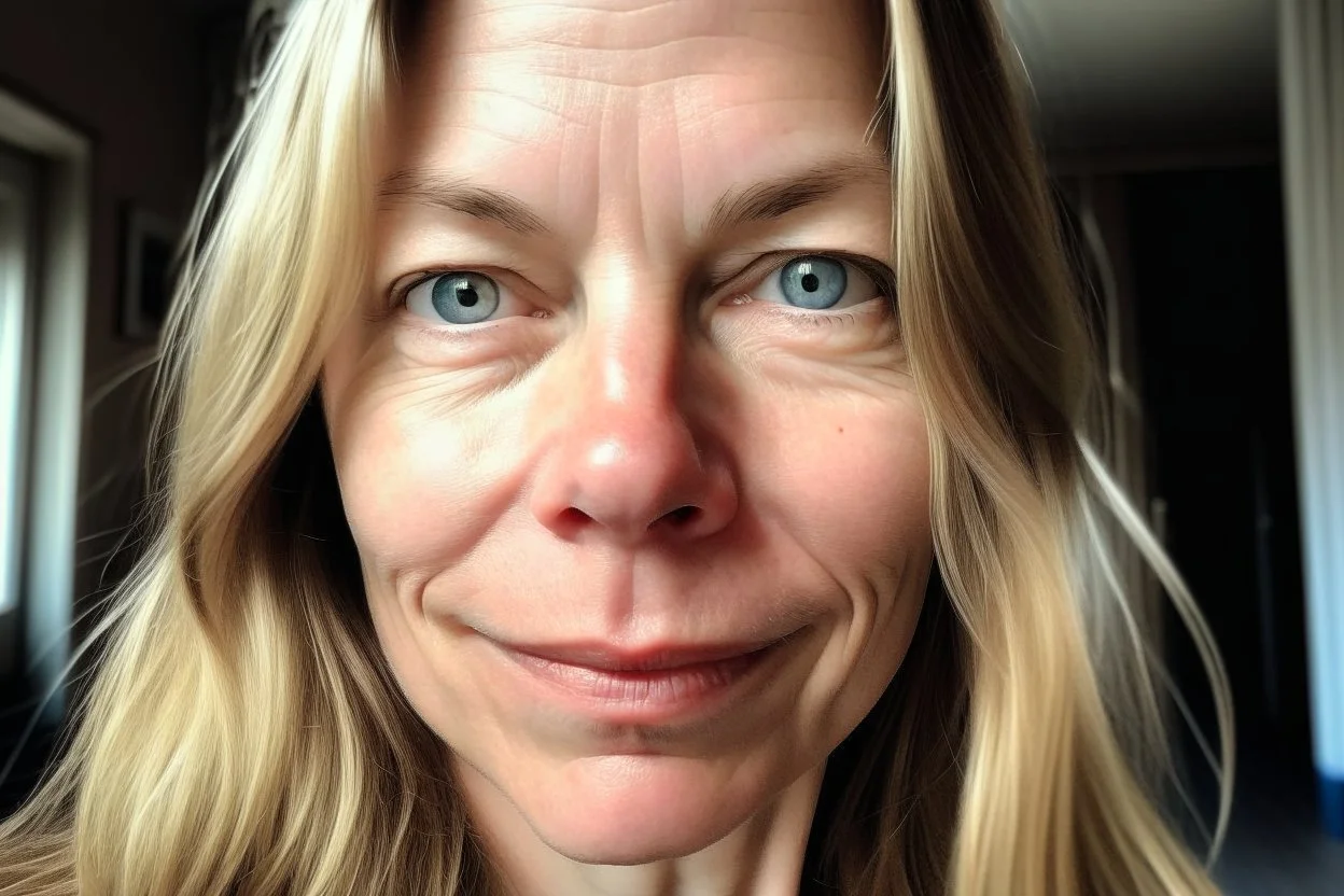 A selfie of a woman, middle long blond hair, showing a 39-year-old European woman. She has brown hair, face without makeup, cute nose, detailed full lips, skin texture. Natural lighting and low contrast