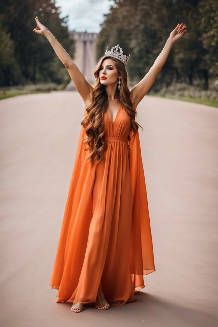 very beautiful ukrain lady wearing orange pretty maxi flared dress with hair silver crown ,standing idle pose