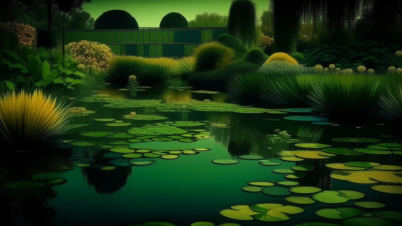 Contemplative, dreamy and realist photo of a technological garden with a lake. Shapes are geometric, grainy and with a little blur. Colors are dark blue, golden brown and electric green.