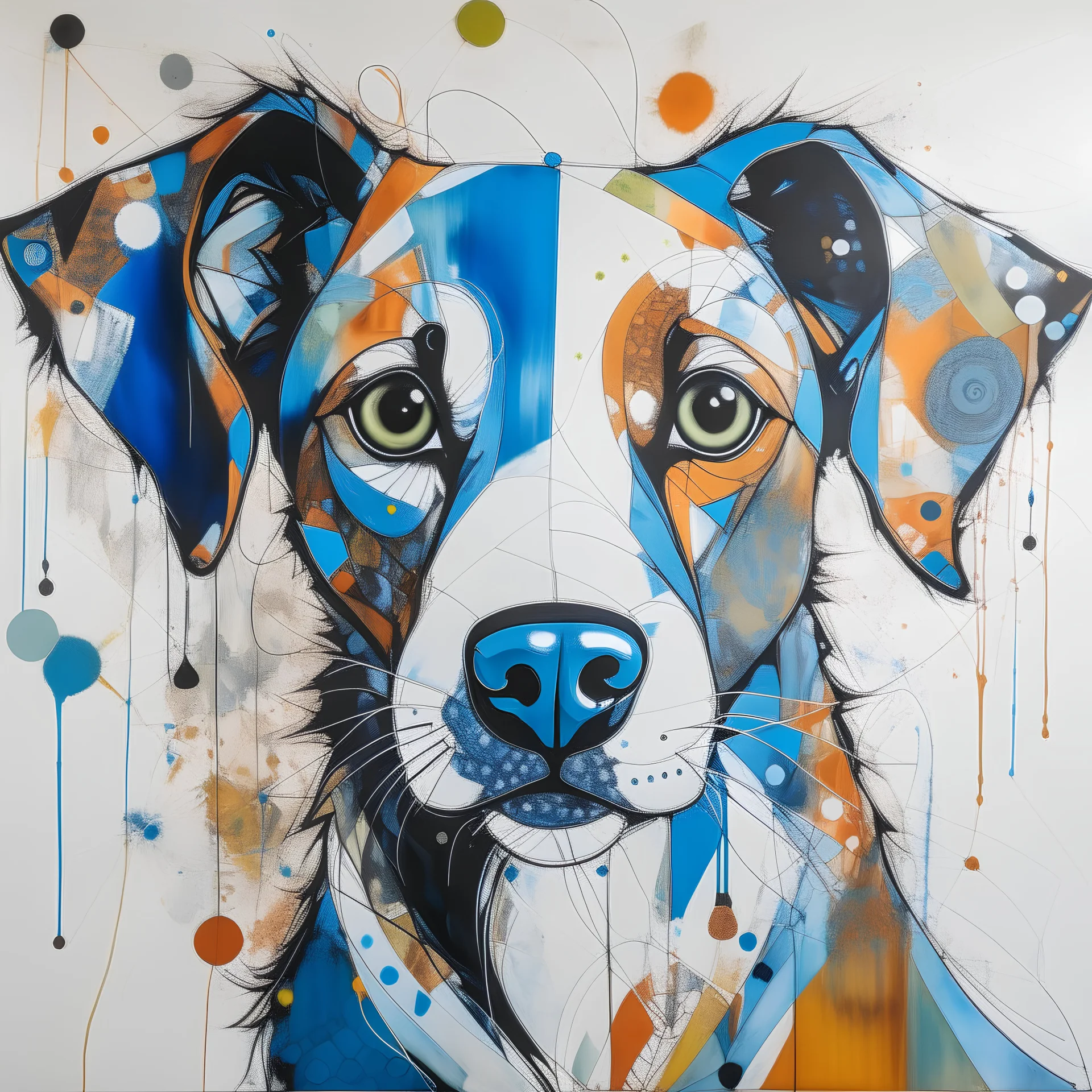 A colorful, abstract painting of a dog with exaggerated features. The dog has large eyes, a patchwork of blue, orange and tan fur, with black outline details giving a scribbled effect. the image is in the middle of a white canvas. The background should be clean and mostly white, with subtle geometric shapes and thin, straight lines that intersect with dotted nodes.The style is expressive and textured, reminiscent of outsider art.