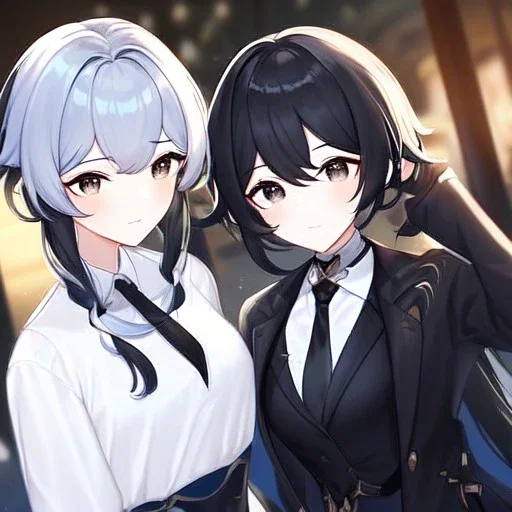 Clear focus, High resolution, short black hair, white and black hair, 2 hair colors, black eyes, wearing a black jacket and a white shirt, wearing a black skirt, 1girl, Genshin impact, long locks, long eyelashes, black tie