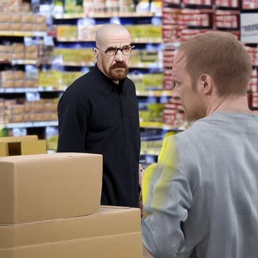 Walter White yells at Jessie Pinkman in a Costco, photorealistic