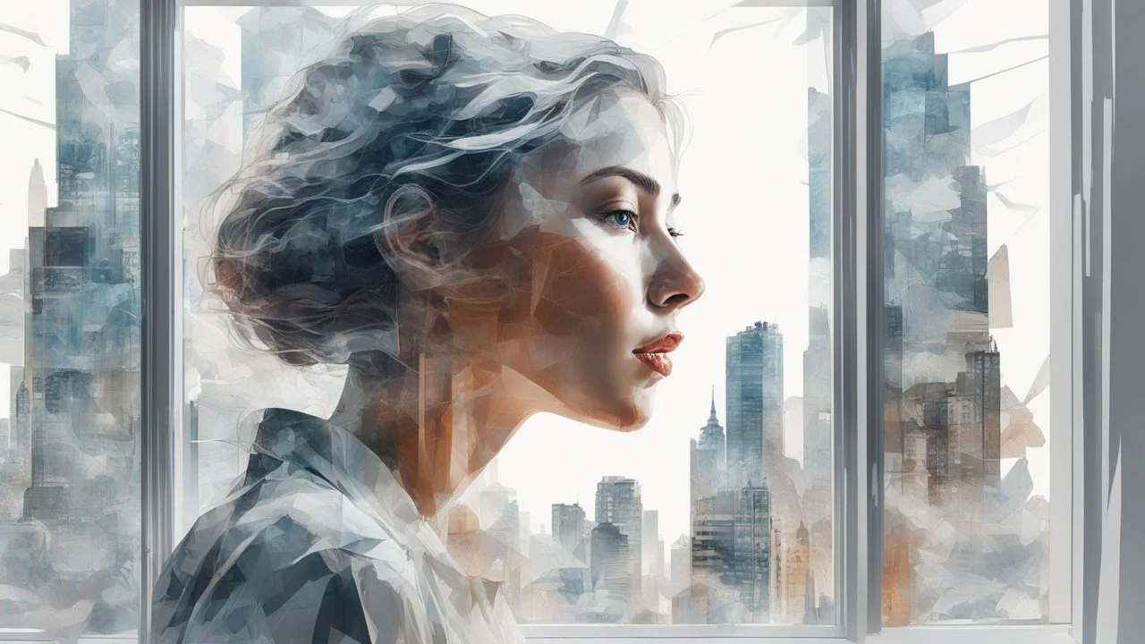 white background, Double exposure, woman, city, window, room, highly detailed, fine rendering, high detail, high resolution, 8K, Double exposure, abstract, illustration, gouache, detailed painting